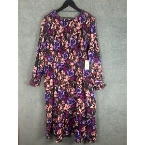 Terra & Sky Dress Womens 3X Purple Midi Floral Long Sleeve Smocked Tiered Casual